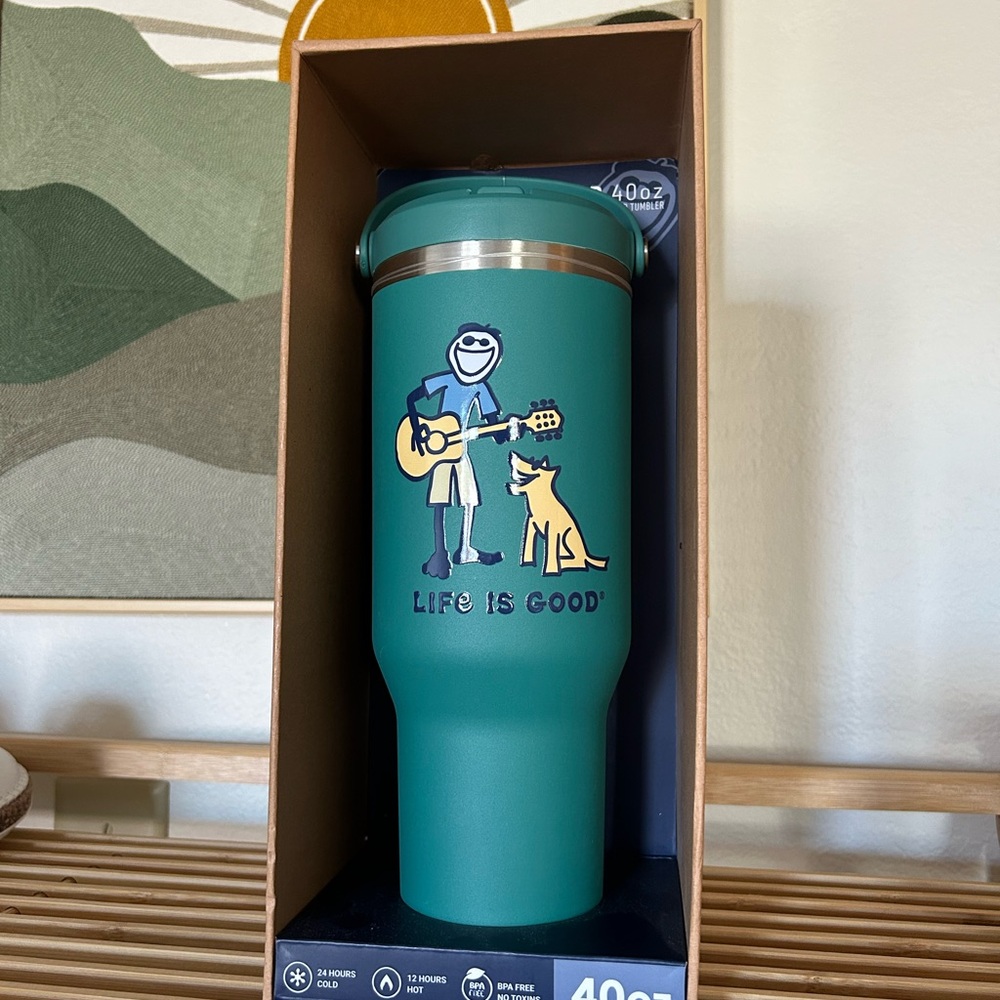Life is good 40 ounce guitar man & dog Double walled mug & strap - Picture 2 of 11